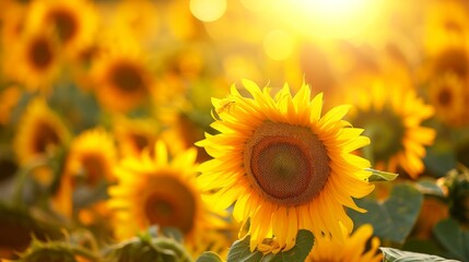 Obraz premium A field of blooming sunflowers A beautiful sunset over big golden sunflower field in the countryside Sunflowers are growing in the evening field. Atmospheric summer wallpaper, space for text