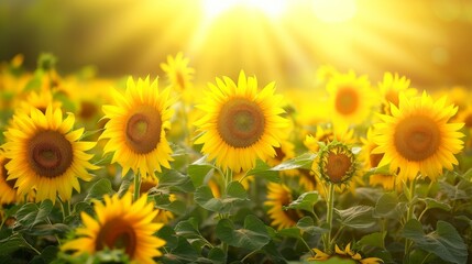 Obraz premium A field of blooming sunflowers A beautiful sunset over big golden sunflower field in the countryside Sunflowers are growing in the evening field. Atmospheric summer wallpaper, space for text