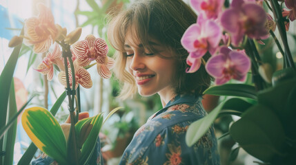 Orchids and people, hobby, leisure, gardening, orchids, lady, phalaenopsis orchids. - obrazy, fototapety, plakaty