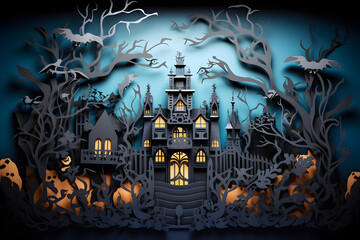 Haunted mansion with ghosts and bats paper cut background