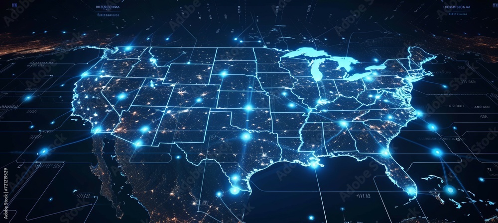 Poster USA map smart network. Wireless internet cyber connection. Generative AI technology.