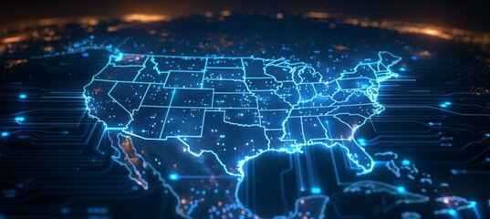 Fototapeta premium USA map wireless smart network. Big data digital technology connection. . Generative AI technology.