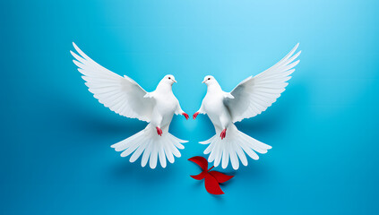 Fototapeta premium Two white doves flying on blue background with copy space. Love and peace concept