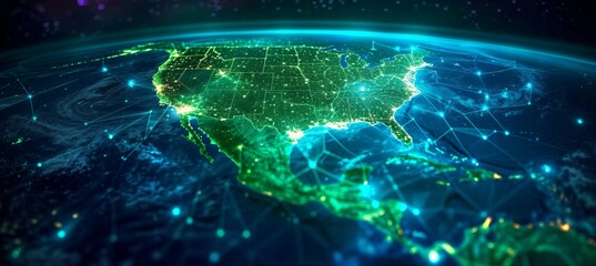 North America map smart network. Internet, connection, data, cyber, communication, and technology. Generative AI technology.