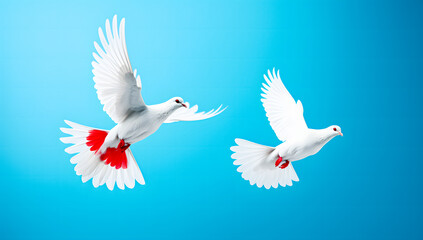 Two white doves flying on blue background with copy space. Love and peace concept
