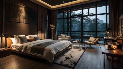 Luxurious Bedroom with Elegant Dark Wood Design
Luxurious bedroom featuring dark wood furnishings, elegant bedding, and a large window with a serene outdoor view.
