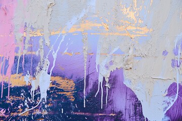 Messy paint strokes and smudges on an old painted wall. Purple, beige, white color drips, flows, streaks of paint and paint sprays, Generative AI