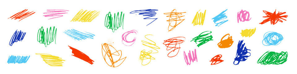 Grungy vector scribble element set. Playful colorful hand-drawn textured childish hatching. Bright charcoal pencil kids doodle scratches, hatches, scribbles marks. Each element is united and isolated