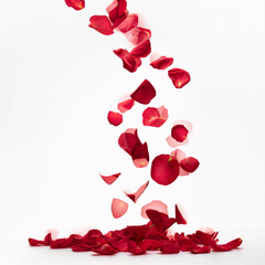 Red rose petals flying, white background, valetine´s day, love