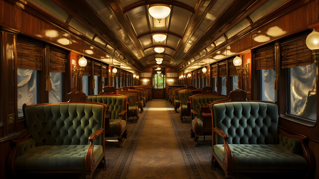 Vintage Train Car Interior with Plush Seating
Luxuriously upholstered plush seating inside a vintage train car, beautifully preserved with a nostalgic ambiance.
