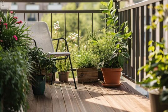 Beautiful balcony or terrace with wooden floor, chair and green potted flowers plants. Cozy relaxing area at home. Sunny stylish balcony terrace in the, Generative AI