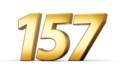 3d number 157 one hundred fifty seven Gold text isolated on white background with reflection 3d illustration