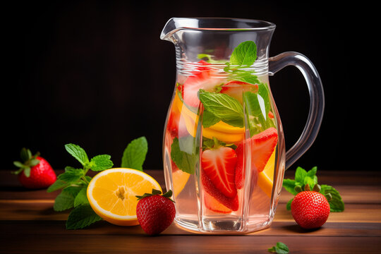 detox water in Carafe With strawberry orange and mint, lemonade in glass decanters with fruits and garnished with fresh mint and sliced fruits, generative ai