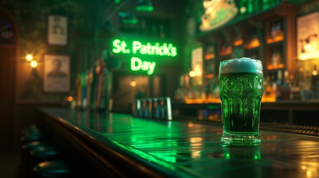 A mug with an alcoholic drink, ale on the table in the bar on the background of a neon sign St. Patrick's Day