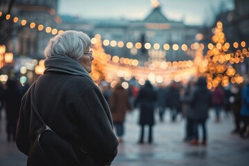 loneliness during Christmas. Elderly woman standing alone in city square during Christmas holidays,...