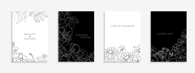 Set of hand drawn floral covers, templates, placards, brochures, banners, flyers and etc. Black and white outline backgrounds, postcards, posters, invitation. Elegant monochrome cards with flowers