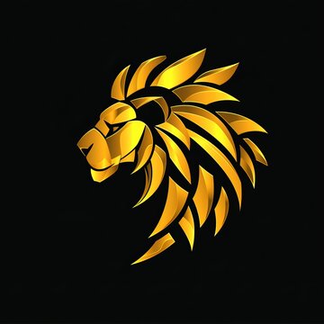 A bold, geometric lion logo, with a mane that resembles the sun's rays, in a golden yellow on a black background