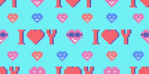 Seamless pattern with I love you and pixel hearts on blue, vector