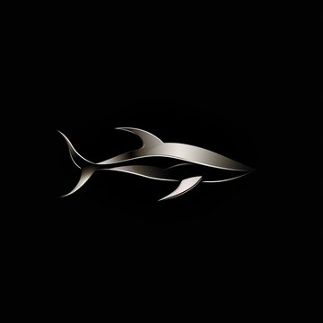 A sleek, silver shark logo, with a dynamic, streamlined shape, set against a black background