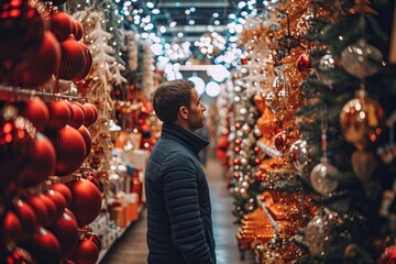 Fototapeta na wymiar Man standing in store with many Christmas decorations. Preparing for Christmas holidays, expenses, buying presents, decorating home for Christmas, Generative AI