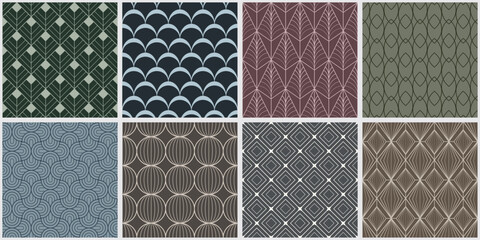 Collection of color ornamental seamless vector geometric patterns. Vintage elegant repeatable art deco ornate backgrounds. Endless fabric prints