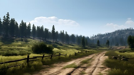 Rural Landscape with a Dirt Road and Pines
A tranquil rural landscape featuring a dirt road winding through a pine forest under a clear sky.