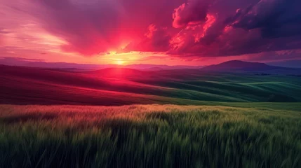 Zelfklevend Fotobehang a sunset in green fields captures the essence of nature, intricate landscapes © Left