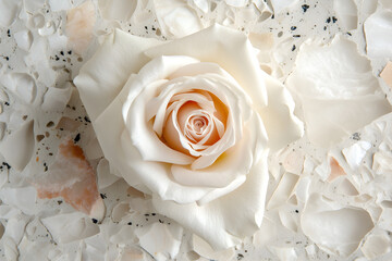 Close up white rose flower on a terrazzo stone background. Flat lay. 3d picture for wallpaper background, design.