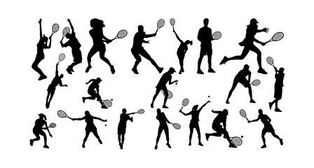 Tennis Silhouettes, tennis club set, mens and womans sport players, great set collection clip art Silhouette , Black vector illustration on white background.