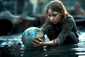 Little girl holding Llittle girl holds the world in her hands in a puddle of water