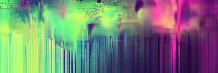 Pixelated digital glitch in gradients of neon green, electric purple, and glitchy white, accompanied by a distorted grainy texture for a tech-inspired look