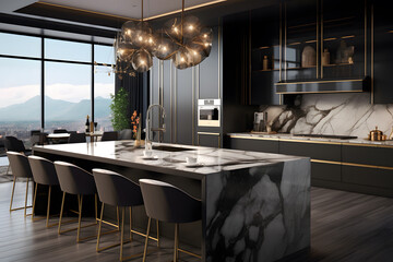 Hollywood Glam kitchen featuring sleek black cabinets - obrazy, fototapety, plakaty