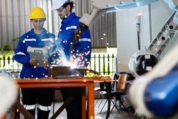 Team engineer using remote controller steel welding robot arm at automation machine in factory....