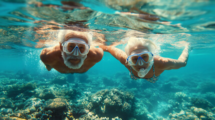 Couple of two happy seniors having fun and enjoying together in underwater