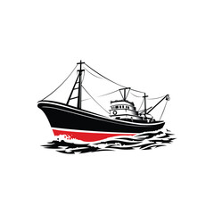 Fishing Vessel Monochrome Silhouette Vector Art Illustration. Fisherman Ship Boat Vector