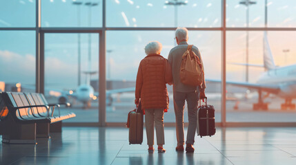 Senior couple traveling in the Airport - obrazy, fototapety, plakaty