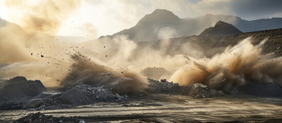 Debris and dust clouds caused by blasting on mining site.
