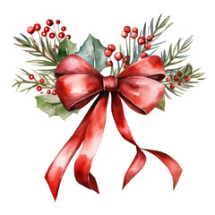 Watercolor Christmas red ribbon branches isolated clipart on transparent background