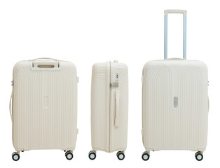 Transparent white Luggage Collection. Stylish Travel Bags and Accessories. white suitcase isolated on white