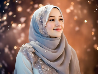 Smiling beautiful Muslim woman in hijab with flowers. eid mubarak Ramadan concept