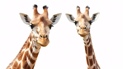 Naklejka premium Two giraffes isolated on white background. Close up of two giraffes