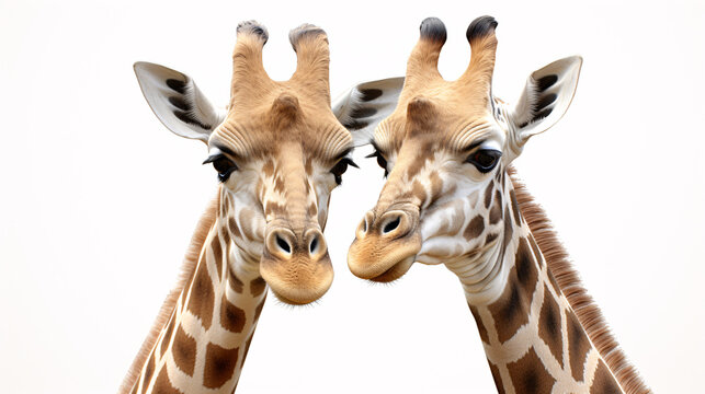 Two giraffes isolated on a white background, close-up