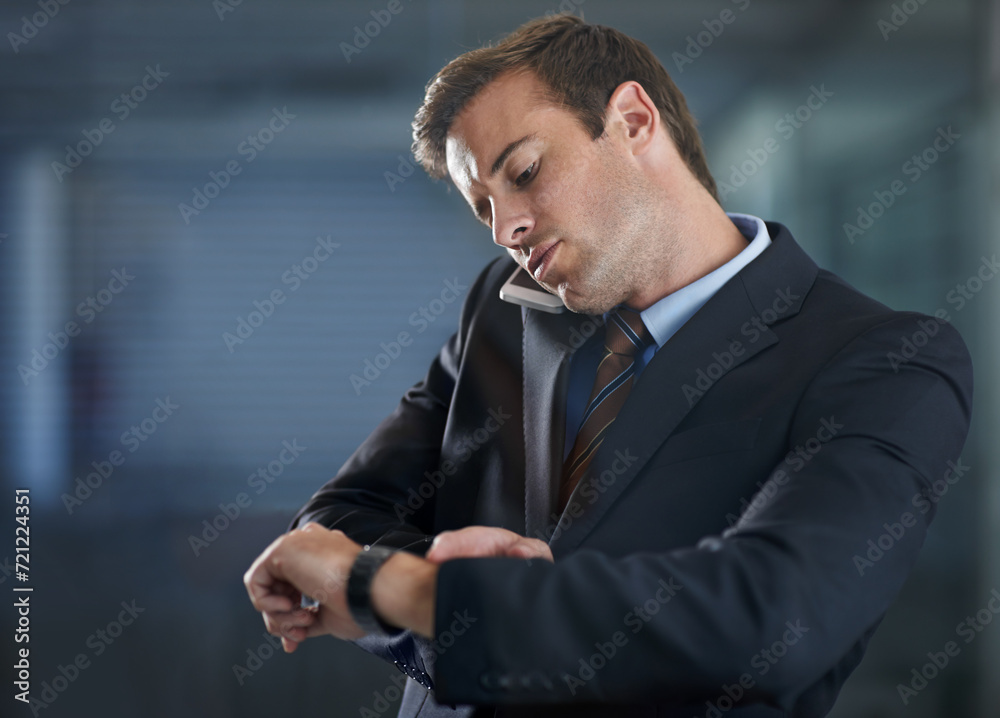 Poster phone call, watch and business with man, discussion and appointment with employee, check time and ne