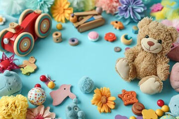 Baby kids toy frame background. Teddy bears, colorful wooden educational, sensory, sorting and stacking toys for children on light blue background. Top view, flat, Generative AI - obrazy, fototapety, plakaty