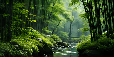 green bamboo forest with stream
