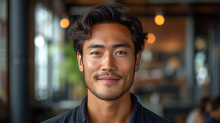 Confident handsome asian male professional in office environment smiling at camera