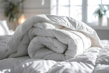 Fototapeta na wymiar White folded duvet lying on white bed background. Preparing for winter season, household, domestic activities, hotel or home textile, Generative AI
