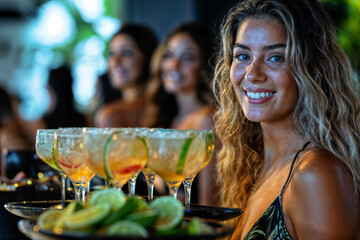 Friends Enjoying Cocktails at Bar. Generative AI