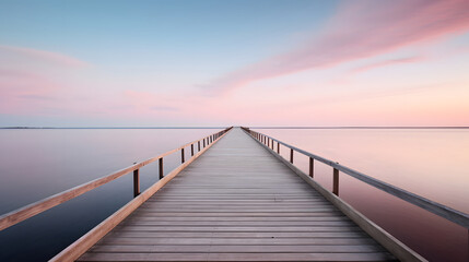 Obraz premium Serene Boardwalk Long wooden boardwalk stretching across calm lake with twilight colors