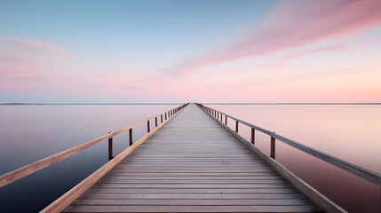 Serene Boardwalk
Long wooden boardwalk stretching across calm lake with twilight colors